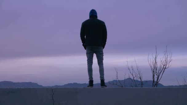 Jeune Homme Sur Rebord Regarde Les Montagnes — Video