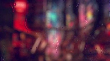 Yağmur damlaları camdan düşer, kamera hareket eder. Arka planda, büyük bir şehrin neon ışıkları, Tokyo, Londra, Seul, New York. 3d render, animasyon, duvar kağıdı, doku