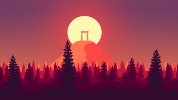 秋の日本の森のフラットアニメーション 日没時に太陽に照らされた山の頂上の鳥居 フラットデザイン アニメーションの背景 — ストック動画