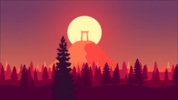 秋の日本の森のフラットアニメーション 日没時に太陽に照らされた山の頂上の鳥居 フラットデザイン アニメーションの背景 カメラが前方に移動する — ストック動画