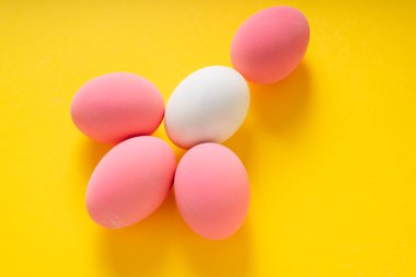 Sarı arka planda beyaz ve pembe yumurtaların üst görüntüsü. Renkli yumurtalar.