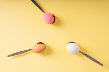 Üst Manzara - Sarı arka planda üç tip pembe, kahverengi, beyaz yumurta.