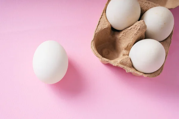 Top View White Eggs Box Pink Background — Stock Photo, Image