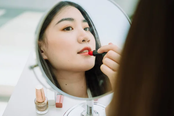 Beautiful Asian Young Thai Woman Doing Make Using Lipstick Front — Stock Photo, Image