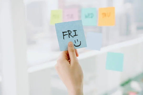 Friday Woman Hand Holding Sticky Paper Note — Stock Photo, Image