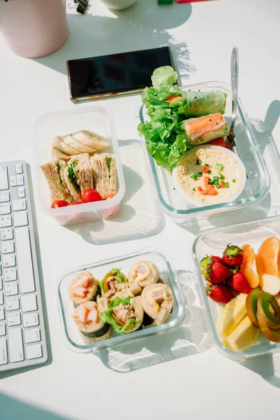 Top View Healthy Food Bowl Included Salad Bowl Spring Roll — Stock Photo, Image