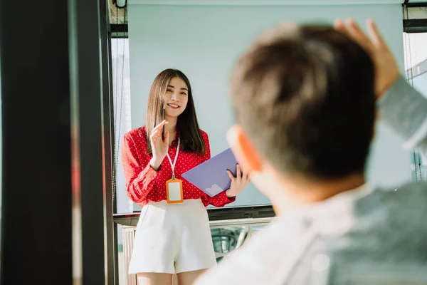 Beautiful Young Asian Thai Businesswoman Red Shirt Giving Presentation Front — Stock Photo, Image