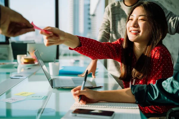 Beautiful Cheerful Young Asian Thai Businesswoman Red Shirt Smiling Receiving — Stock Photo, Image