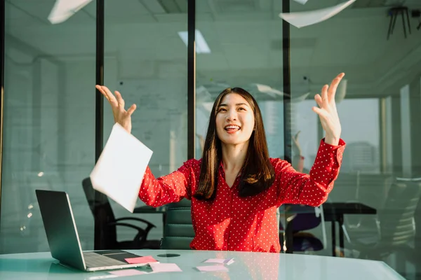 Beautiful Young Asian Thai Businesswoman Red Shirt Throwing Paper Air — Stock Photo, Image