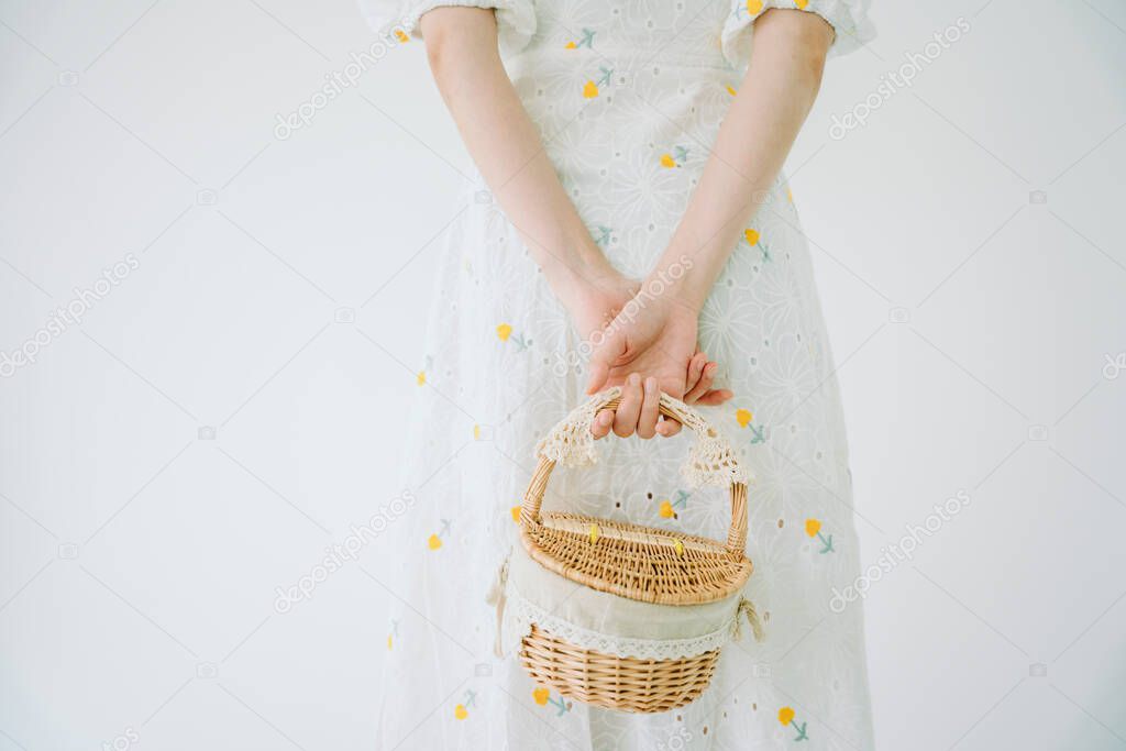 Crop image of beautiful woman in white ress holding picnic basket isolate over white background.