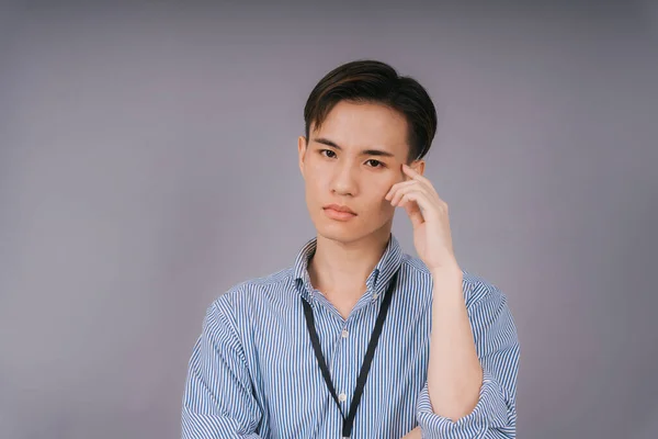 Handsome Thai Businessman Blue Collar Shirt Thoughtful Expression Think Carefully — Stock Photo, Image