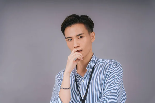 Hezký Thajský Obchodník Modré Límečkové Košili Muž Sebevědomí Pózuje Přes — Stock fotografie