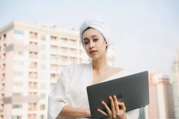 Young Woman White Bathrobe Laptop Work Home Working Home Covid — Stock Photo, Image