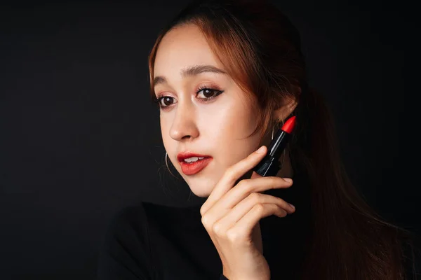 Close Portrait Pretty Beautiful Young Woman Wearing Black Sweater Isolate — Stock Photo, Image