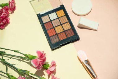 Üst Manzara. Düz yatıyordu. Pastel arka planda doğal kozmetik ve fırça ürünü.