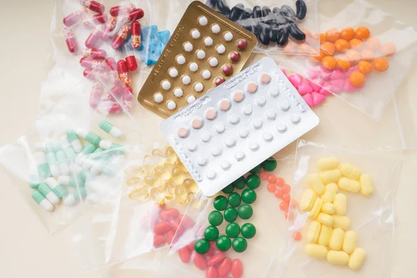 Lot Colorful Medication Pills Capsule Contain Top View — Stock Photo, Image