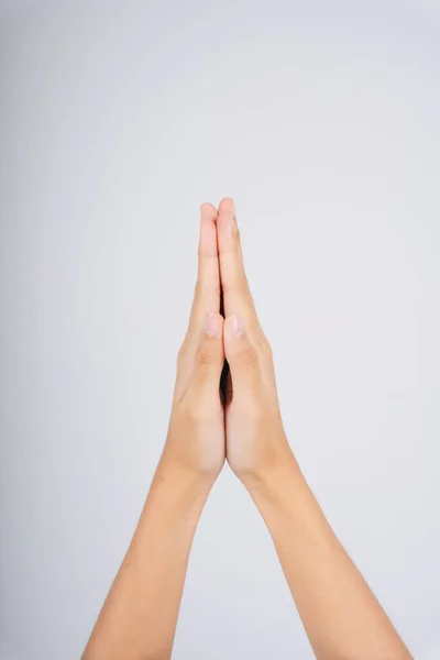 Kvinnans Hand Ber Symbol Hålla Hand Tillsammans Och Tacka Hej — Stockfoto