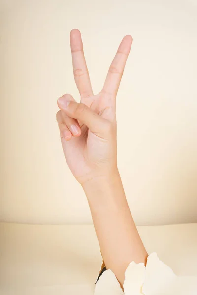 Victory Gesture Signal Two Fingers White Background — Stock Photo, Image