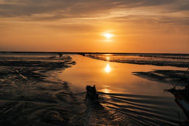 Tayland 'da deniz manzarası çok güzel. Balıkçı adam okyanusta balık bulmak için yelken açıyor..