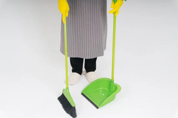 Maid Using Bloom Dustpan Cleaning Floor — Stock Photo, Image
