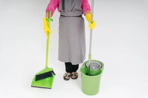Maid woman with broom stick, dustpan, mopping, bucket.