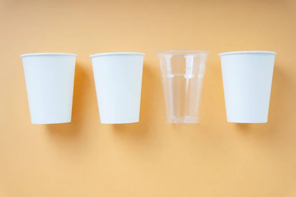 Three Paper Cup One Transparent Cup Mock — Stock Photo, Image