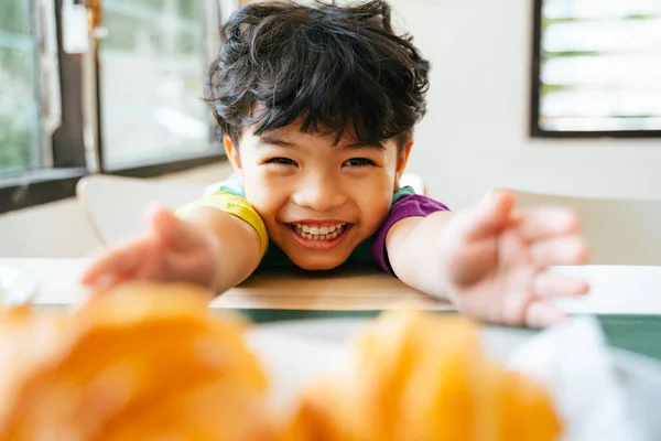 Happy Little Boy Enjoy His Breakfast Sausage Croissants Salad — Stock Photo, Image