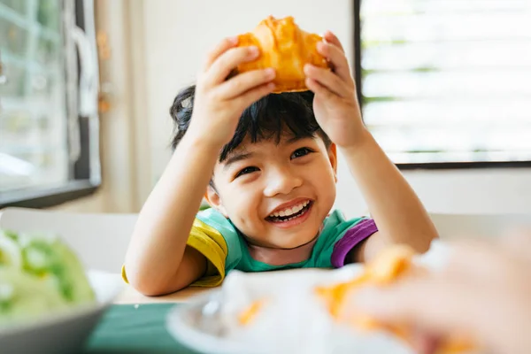 Happy Little Boy Enjoy His Breakfast Sausage Croissants Salad — Stock Photo, Image