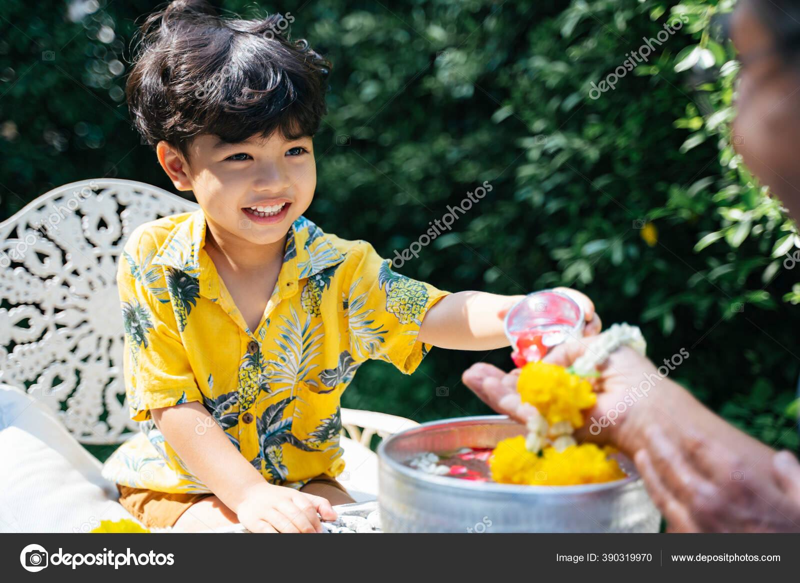 Little Boy Pour Water Floral His Grandpa's Hand Tradition Songkran