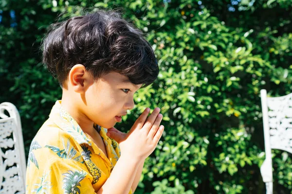 Little Boy Pay Respect His Grandpa Press Hands Togehter Chest — Stock Photo, Image