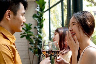 Bir grup genç Asyalı Taylandlı kırmızı şarap içip kutlama yapmayı sever..