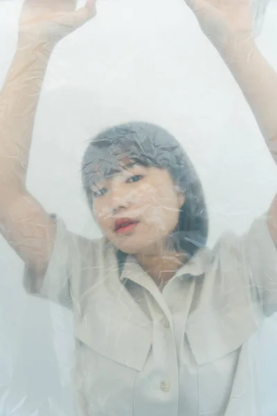 Close Retrato Jovem Asiático Tailandês Preto Cabelo Curto Mulher Coberto — Fotografia de Stock