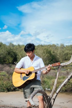 Kuru bir ormanda kütüğün üzerinde oturan bir müzisyen sevgili gitarını çalıyor..