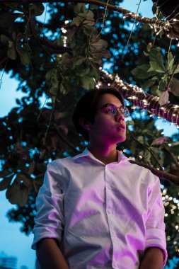 Beyaz gömlekli adamın çatıda pembe ışıkla ağacın altında dikilirken alçak açılı görüntüsü..