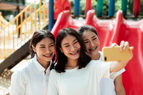 Triple Twin Sister Take Selfie End Red Slider Playground Park — Stock Photo, Image