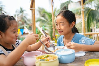 İki Taylandlı küçük kız kırsal bölgedeki Pinto yemek kutusundan harika bir yemek yiyor..