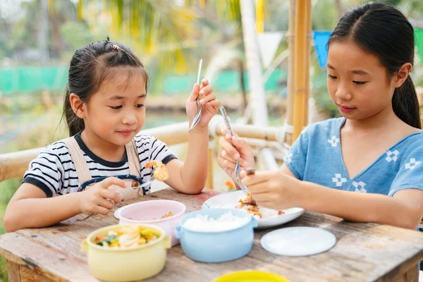 Duas Meninas Asiáticas Comendo Alimentos Pinto Thai Caixa Recipiente Comida — Fotografia de Stock