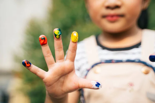 Funny Little Girl Hands Painted Colorful Paint Close Barehand Little — Stock Photo, Image