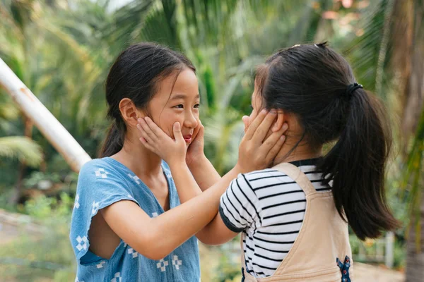 Juguetona Chica Asiática Tocando Cara Cara Naturaleza Las Hermanas Disfrutan — Foto de Stock