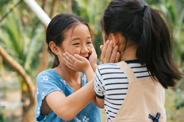 Игривая Маленькая Азиатка Соприкасающаяся Лицом Лицу Природой Сестры Любят Играть — стоковое фото