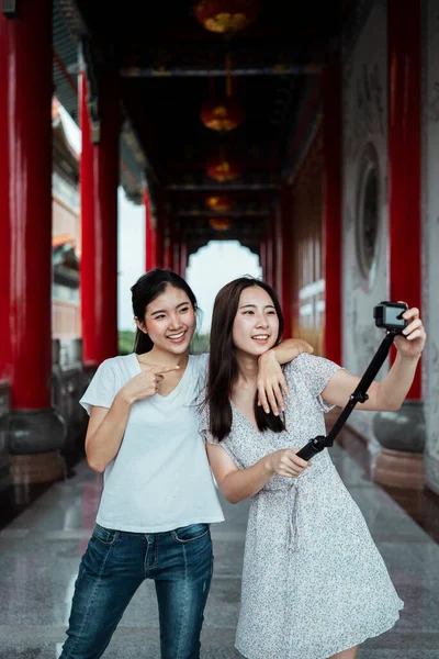 Happy Young Asian Woman Traveler Taking Selfie Action Camera Stick — Stock Photo, Image