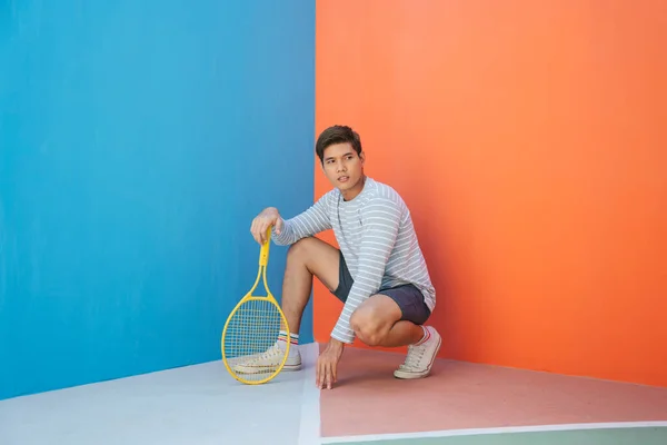 Attractive Young Asian Man Casual Costume Holding Tennis Racket Blue — Stock Photo, Image