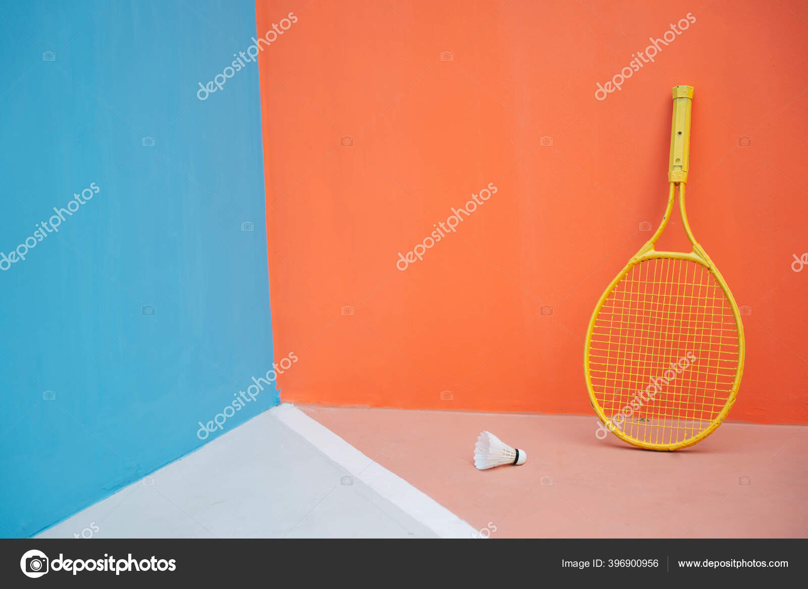 Colourful Background Yellow Tennis Racket Many Shuttlecocks Floor Sport ...
