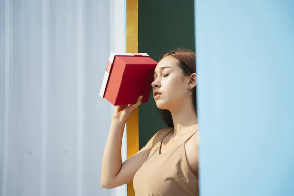 Beautiful Woman Holding Red Present Gift Box Standing Window Morning — Stock Photo, Image