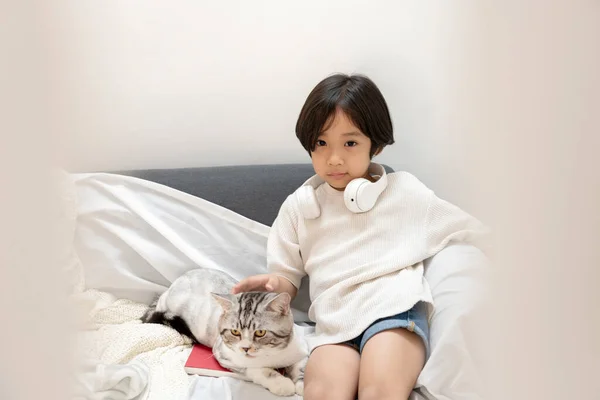 Lindo Niño Camisa Blanca Jugando Con Gato Esponjoso Sofá Sala —  Fotos de Stock