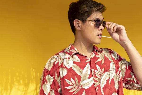 Beau Thaï Homme Portant Chemise Hawaii Rouge Des Lunettes Soleil — Photo