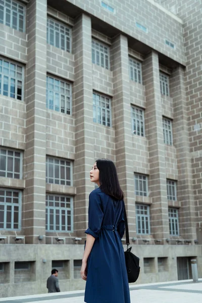 Visão Traseira Bela Jovem Asiática Mulher Vestido Azul Olhando Para — Fotografia de Stock