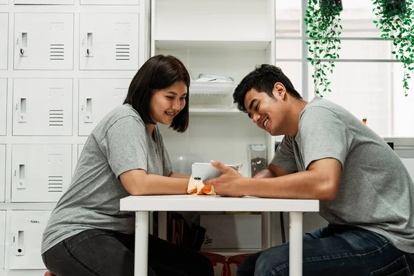 Lovely Asian Parents Enjoy Chatting Kitchen Table Cute Asian Couple — Stock Photo, Image