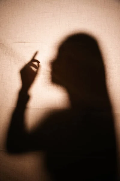 Sombra Horror Mujer Pelo Largo Detrás Pared Fantasma Misterioso — Foto de Stock