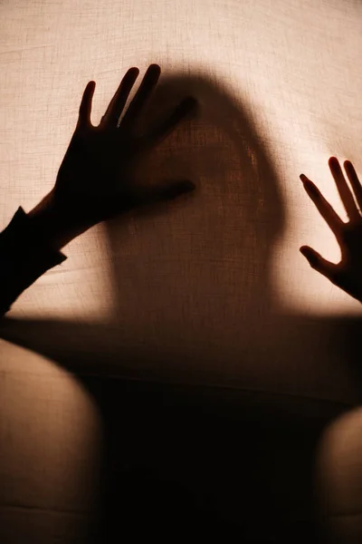 Sombra Horror Mujer Pelo Largo Detrás Pared Fantasma Misterioso — Foto de Stock